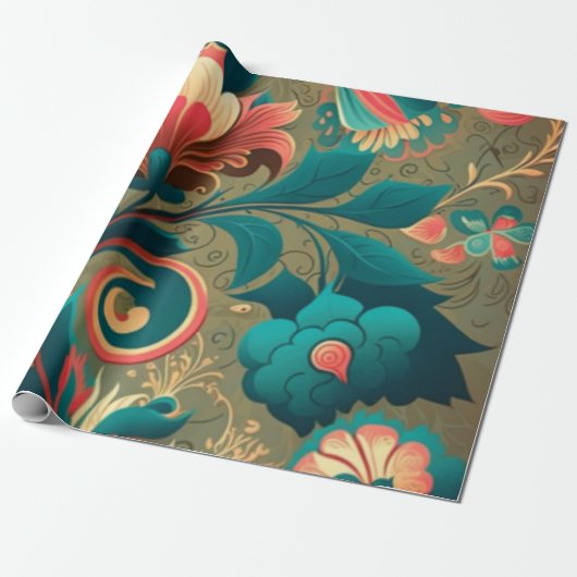 retro design floraal groen cadeaupapier (Uitgerold)