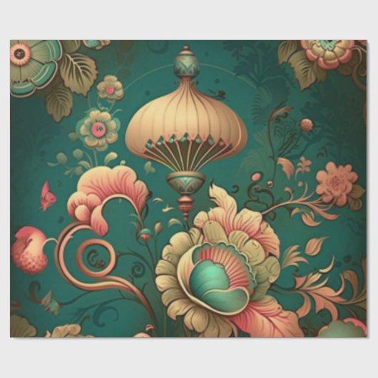  retro design floraal groen cadeaupapier (Vlak)