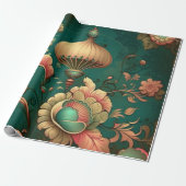  retro design floraal groen cadeaupapier (Uitgerold)