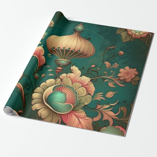  retro design floraal groen cadeaupapier (Uitgerold)