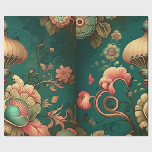  retro design floraal groen cadeaupapier (Zoom)