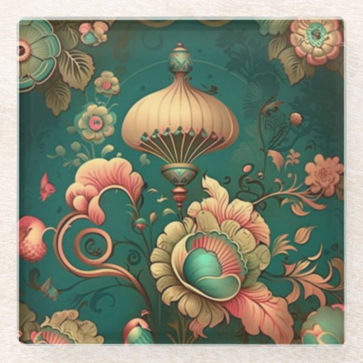  retro design floraal groen glazen onderzetter (Voorkant)