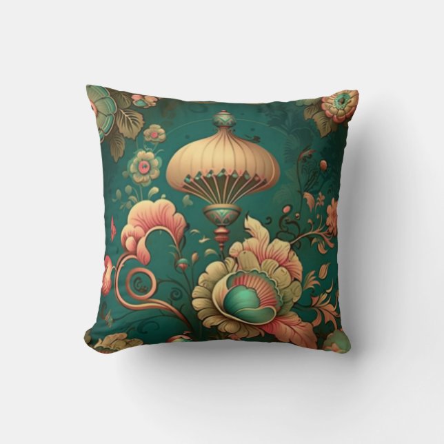  retro design floraal groen kussen (Voorkant)