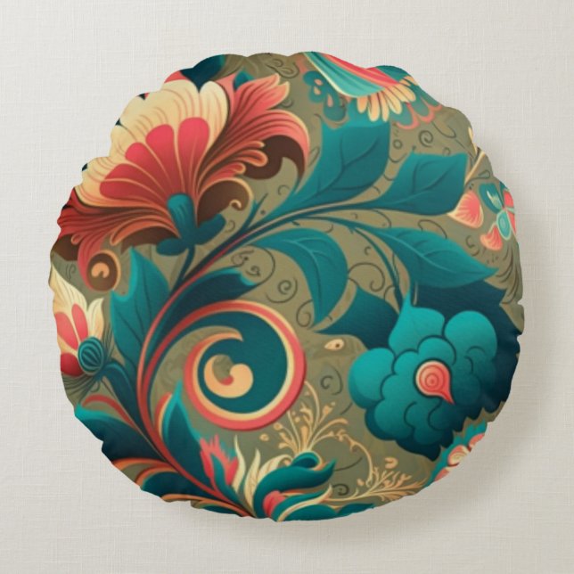  retro design floraal groen rond kussen (Voorkant)