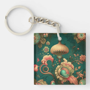 retro design floraal groen sleutelhanger