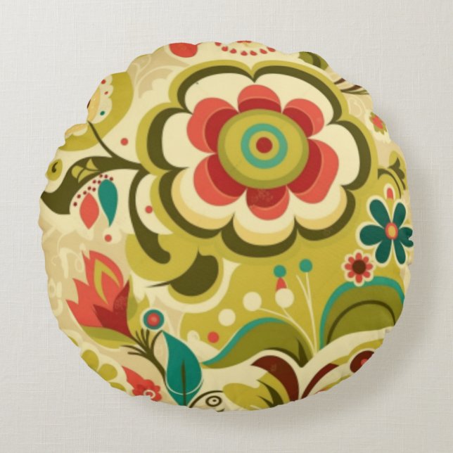  retro design floraal licht groen rond kussen (Voorkant)
