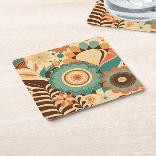 retro design floral brown beize green kartonnen onderzetters (Schuin)