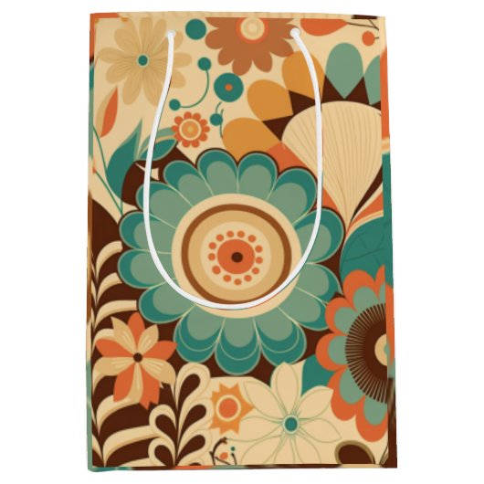  retro design floral brown beize green medium cadeauzakje (Voorkant)