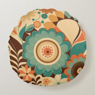  retro design floral brown beize green rond kussen