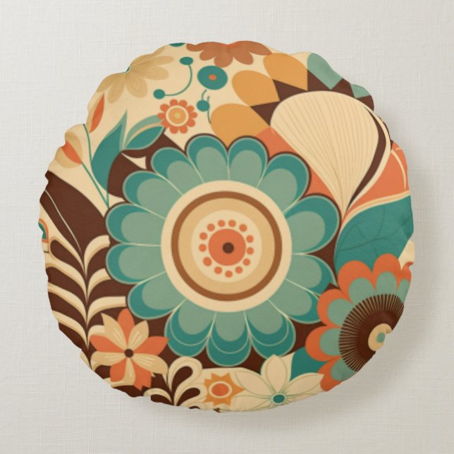  retro design floral brown beize green rond kussen (Voorkant)