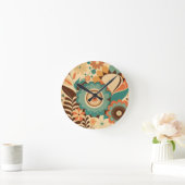  retro design floral brown beize green ronde klok (Huis)
