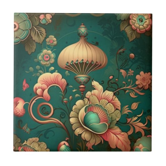  retro design florale groene keramische Tegel Tegeltje (Voorkant)