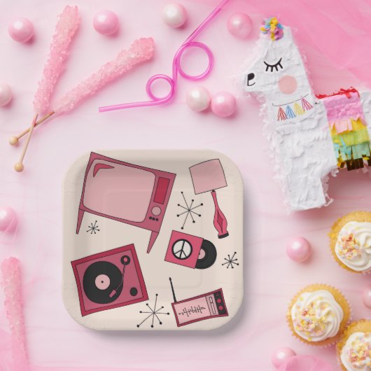 Retro design in verschillende tinten roze papieren bordje (Feest)