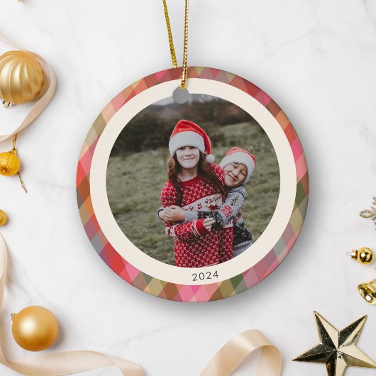 Retro Diagonal Christmas Plaid Schattigee foto 202 Keramisch Ornament