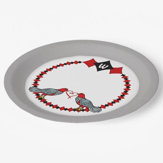 Retro Diamanten, Vogels en Hartwormen_Monogrammed Papieren Bordje (Gekanteld)