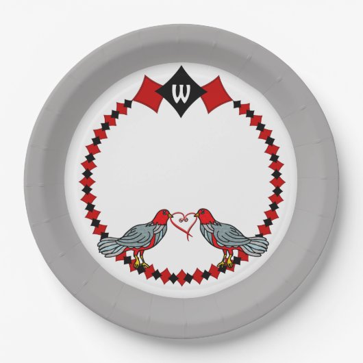 Retro Diamanten, Vogels en Hartwormen_Monogrammed Papieren Bordje (Voorkant)