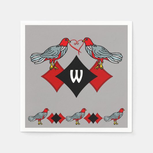 Retro Diamanten, Vogels en Hartwormen_Monogrammed Servet (Voorkant)