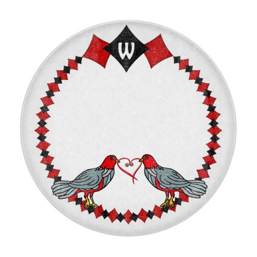 Retro Diamanten, Vogels en Hartwormen_Monogrammed Snijplank (Voorkant)