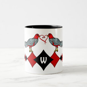 Retro Diamanten, Vogels en Hartwormen_Monogrammed Tweekleurige Koffiemok