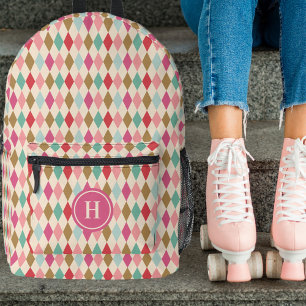 Retro Diamantpatroon Roze Monogram Bedrukte Rugzak