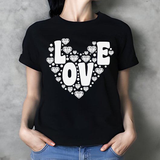 Retro Diamond Hart Zwart Vrouwen Valentijnsdag T-shirt