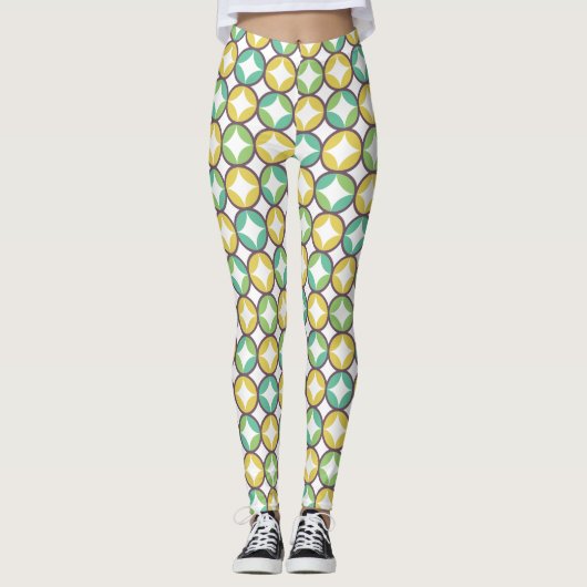 Retro Diamond in Circle Pattern Blue Green Gold Leggings (Voorkant)