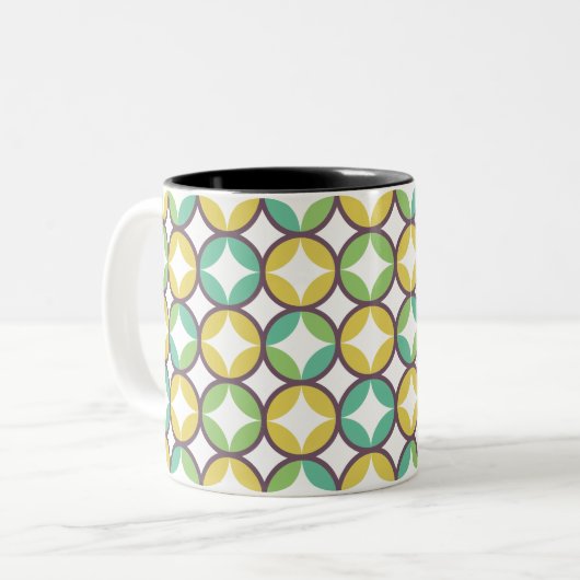Retro Diamond in Circle Pattern Blue Green Gold Tweekleurige Koffiemok (Voorkant links)