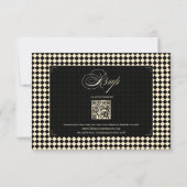 Retro Diamond Pattern Black Gold Wedding QR RSVP Kaartje (Voorkant)