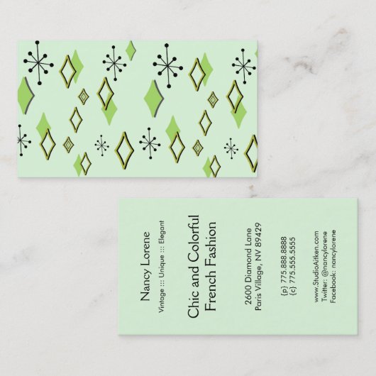RETRO DIAMONDS & STARBURSTS: GROENE SCHERM VISITEKAARTJE (Voorkant / Achterkant)