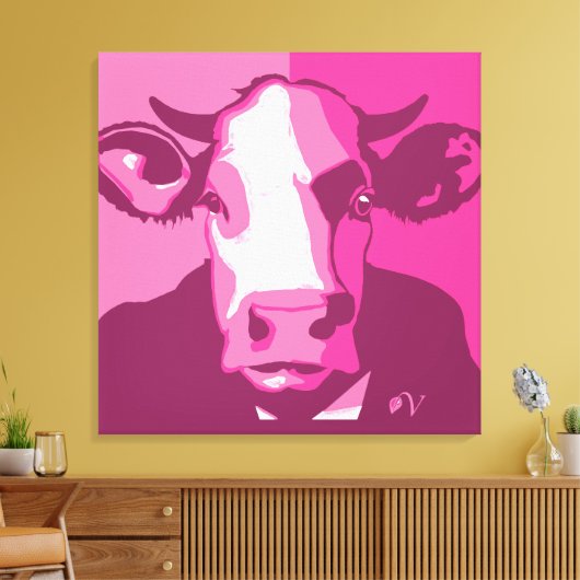 Retro Dierenmuur Pop Art Roze Koe Portret Canvas Afdruk (Insitu (Woonkamer))