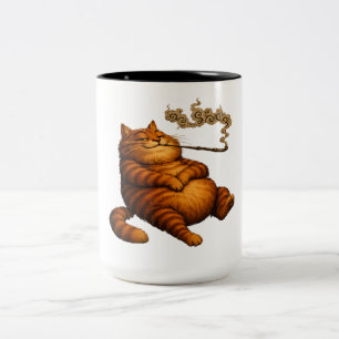Retro dikke oranje kat die pijp rookt knus kunst tweekleurige koffiemok
