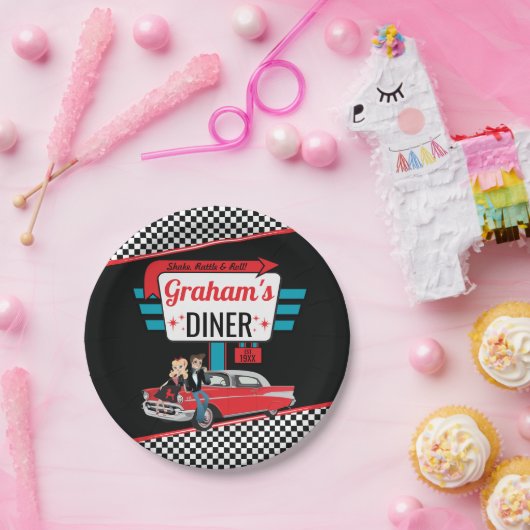 Retro Diner Black uit 1950, Blauwgroen, Red Birthd Papieren Bordje (Feest)