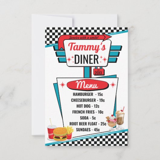 Retro Diner Black, White & Red-menukaart van 1950 Kaart (Voorkant)