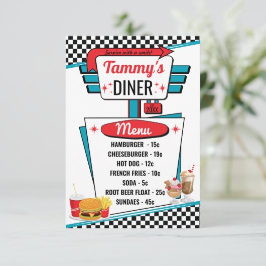 Retro Diner Black, White & Red-menukaart van 1950 Kaart (Staand voorkant)