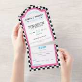 Retro Diner Checkerboard Roze & Blauw Bruiloft All In One Uitnodiging (Afscheurbaar)