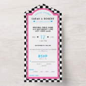 Retro Diner Checkerboard Roze & Blauw Bruiloft All In One Uitnodiging (Binnen)