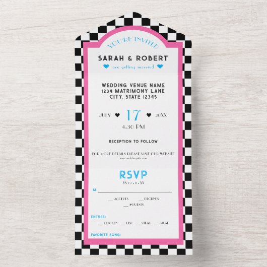Retro Diner Checkerboard Roze & Blauw Bruiloft All In One Uitnodiging (Binnen)