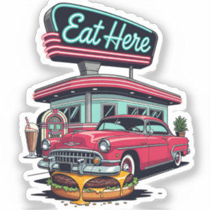 Retro Diner Eet Hier Klassieke Auto Burger T-Shirt Sticker