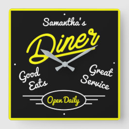 Retro Diner Fifties Geel Neon Effect Elke naam Vierkante Klok