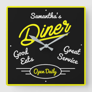 Retro Diner Fifties Geel Neon Effect Elke naam Vierkante Klok