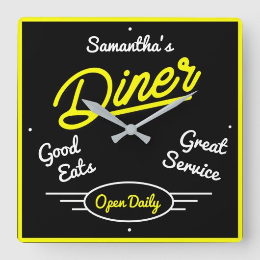 Retro Diner Fifties Geel Neon Effect Elke naam Vierkante Klok (Voorkant)