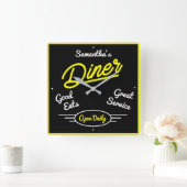 Retro Diner Fifties Geel Neon Effect Elke naam Vierkante Klok (Huis)