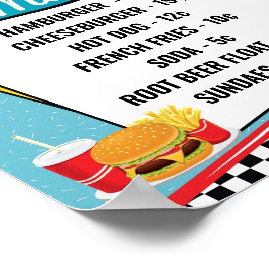 Retro Diner Menu 1950 Blauwgroen, rood, geel Poster (Hoek)
