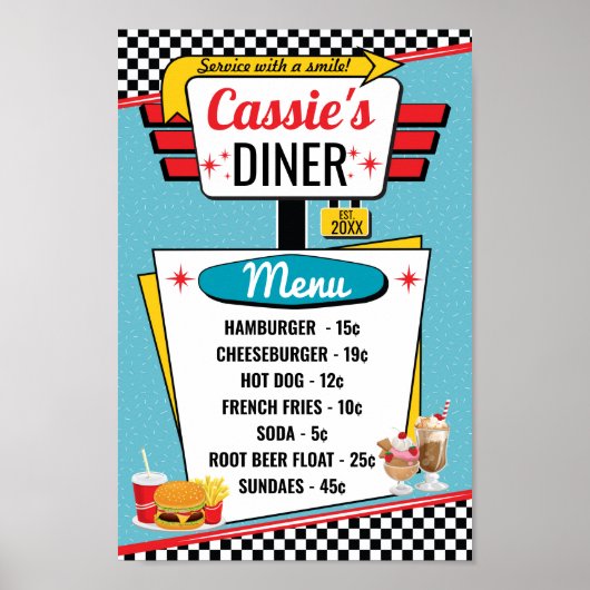 Retro Diner Menu 1950 Blauwgroen, rood, geel Poster (Voorkant)