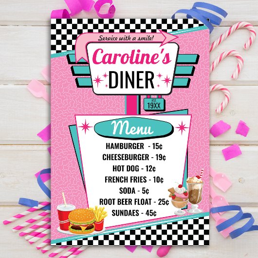 Retro diner menu kaart roze en turquoise uit de ja