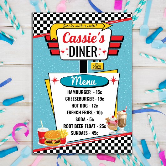 Retro diner menu kaart uit de jaren 50 in turquois