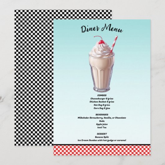 Retro Diner Milkshake Ijs Room Party Menu Kaart (Voorkant / Achterkant)