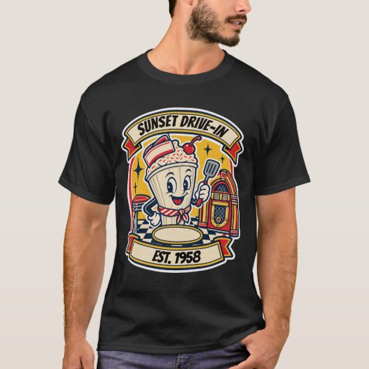 Retro Diner Milkshake Jukebox Embleem T-shirt (Voorkant)