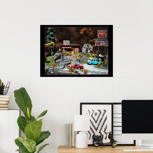 Retro Diner, miniatuurdiner diorama van 50 aan de  Poster (Thuiskantoor)