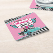 Retro Diner Pink & Blauwgroen Birthday Party uit 1 Kartonnen Onderzetters (Schuin)